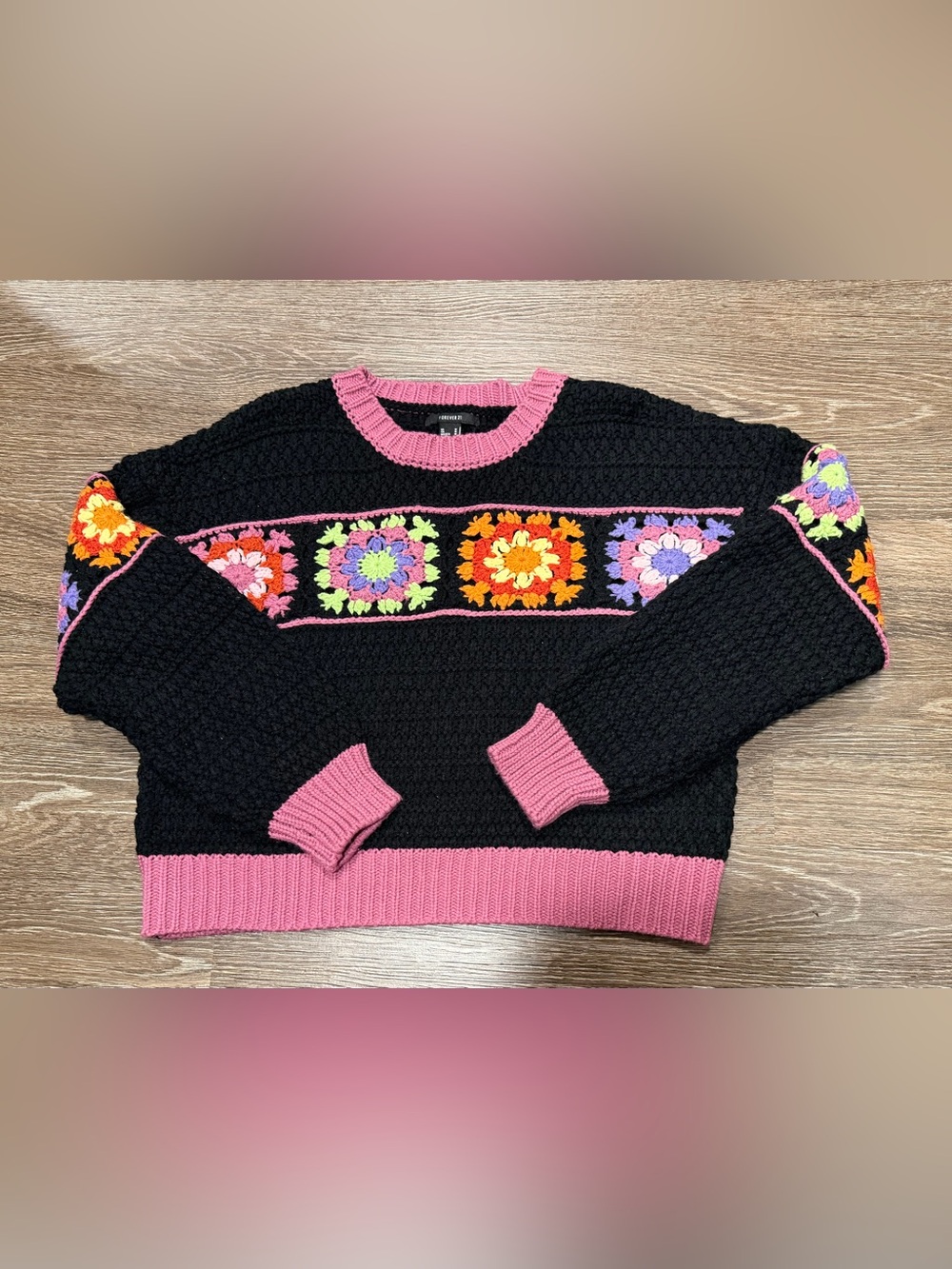 Forever 21 Black Sweater with Pink Trim and Multicolor Crochet Squares